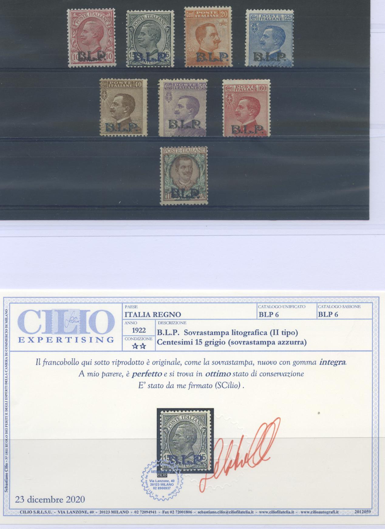 Scansione lotto: REGNO 1922 BLP SERIE CPL. 8V. **  CERT.