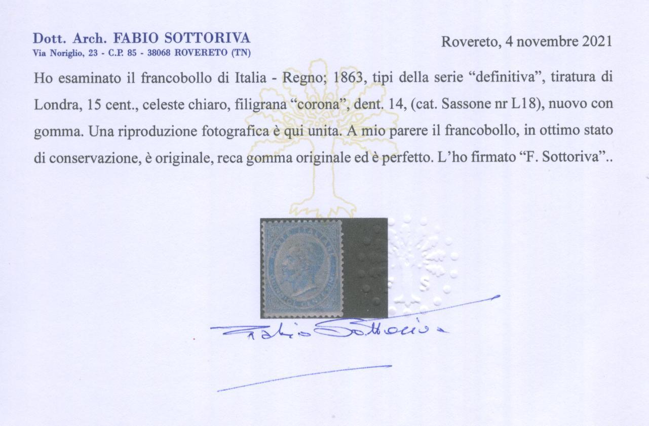 Scansione lotto: REGNO 1863 15C. CELESTE CHIARO *  CERT.