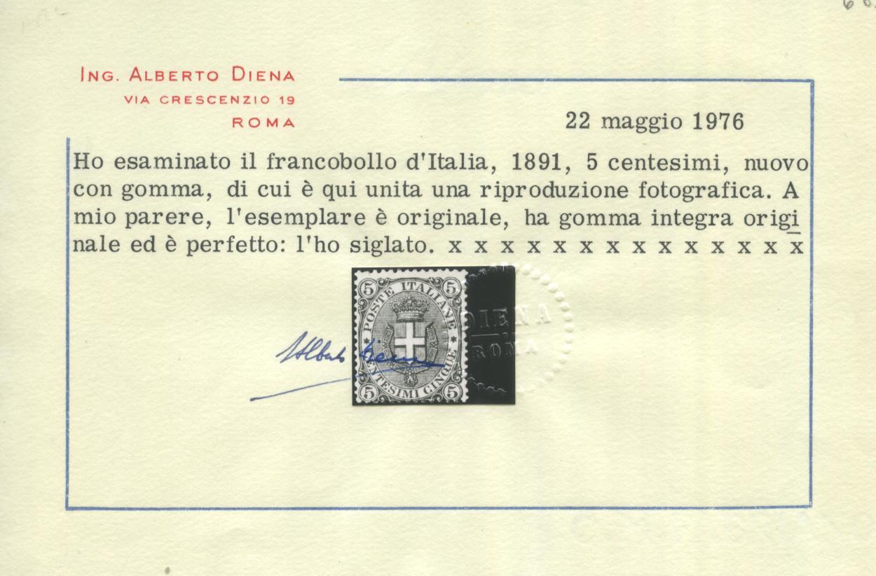 Scansione lotto: REGNO 1891/6 5C. VERDE 2 **  CERT.