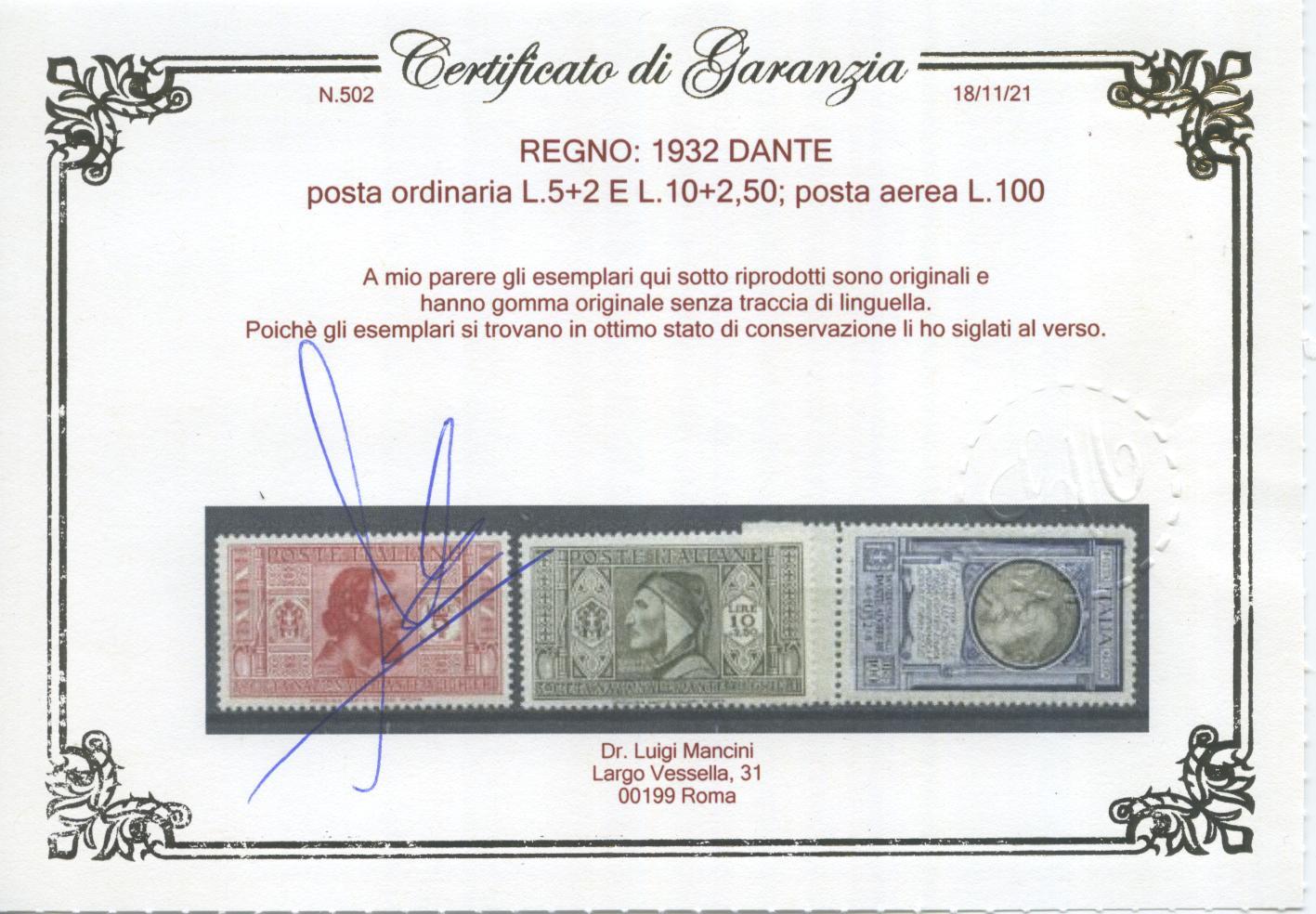 Scansione lotto: REGNO 1932 DANTE 19V. ** LUSSO CERT.