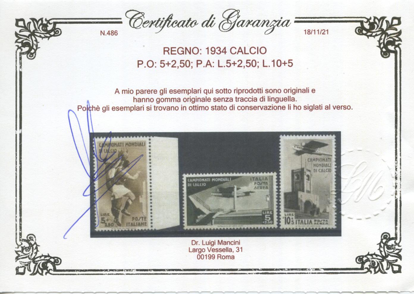 Scansione lotto: REGNO 1934 CALCIO 9V. ** LUSSO CERT.