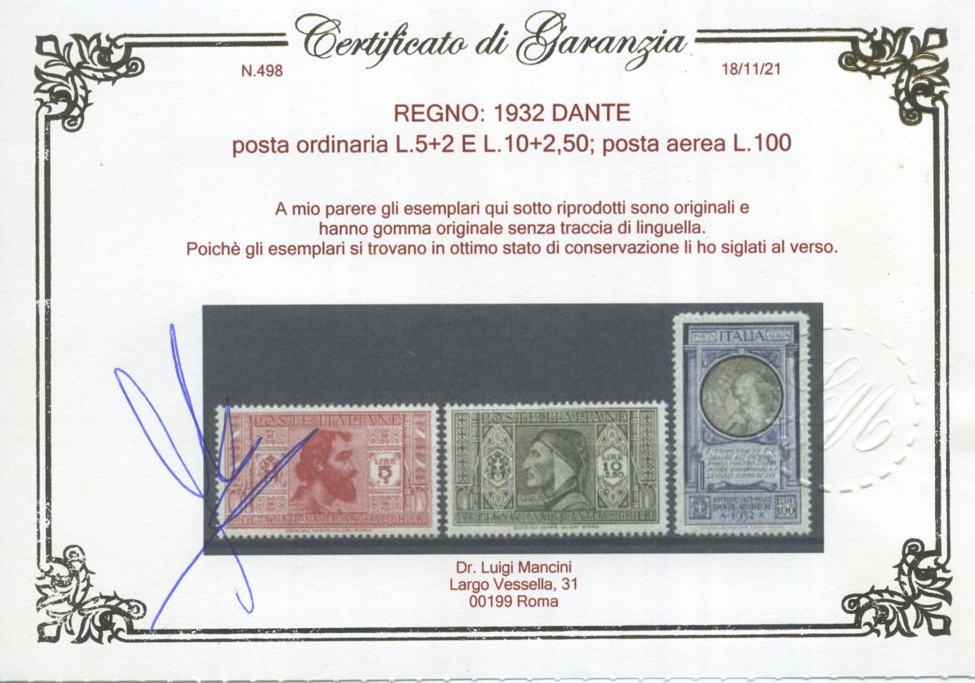 Scansione lotto: REGNO 1932 DANTE 19V. 7 ** LUSSO CERT.