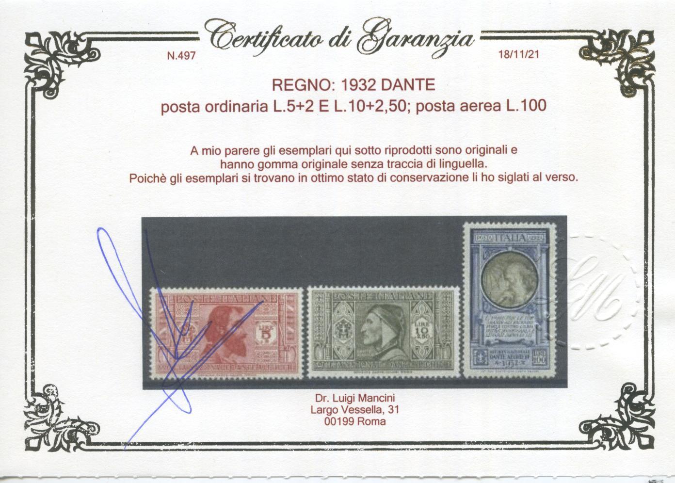 Scansione lotto: REGNO 1932 DANTE 19V. 8 ** LUSSO CERT.