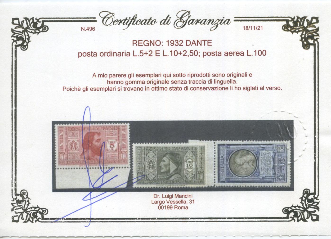 Scansione lotto: REGNO 1932 DANTE 19V. 6 ** LUSSO CERT.