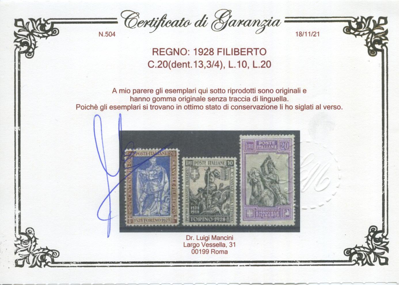 Scansione lotto: REGNO 1928 FILIBERTO 13V. 4 ** LUSSO CERT.