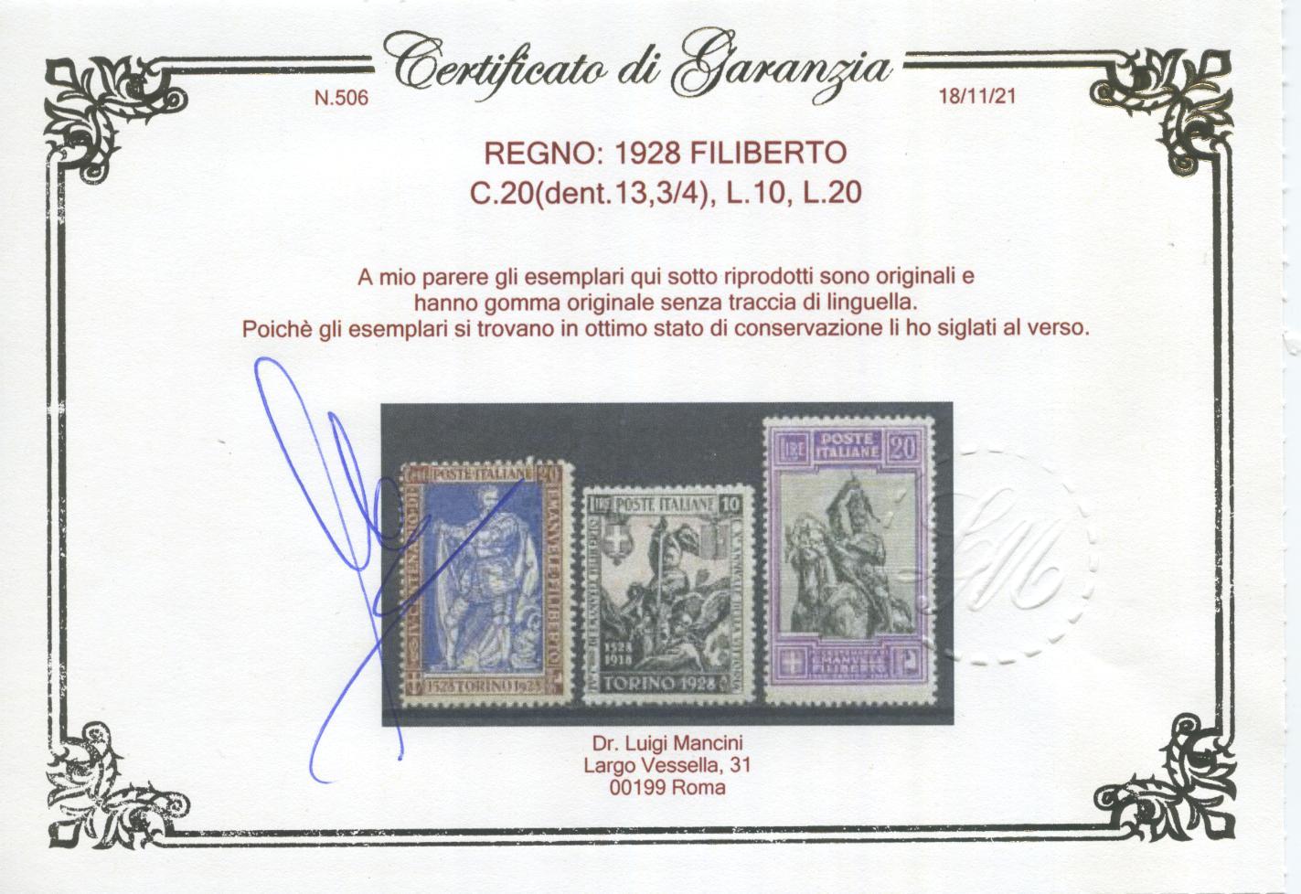 Scansione lotto: REGNO 1928 FILIBERTO 13V. 5 ** CENTRATO CERT.