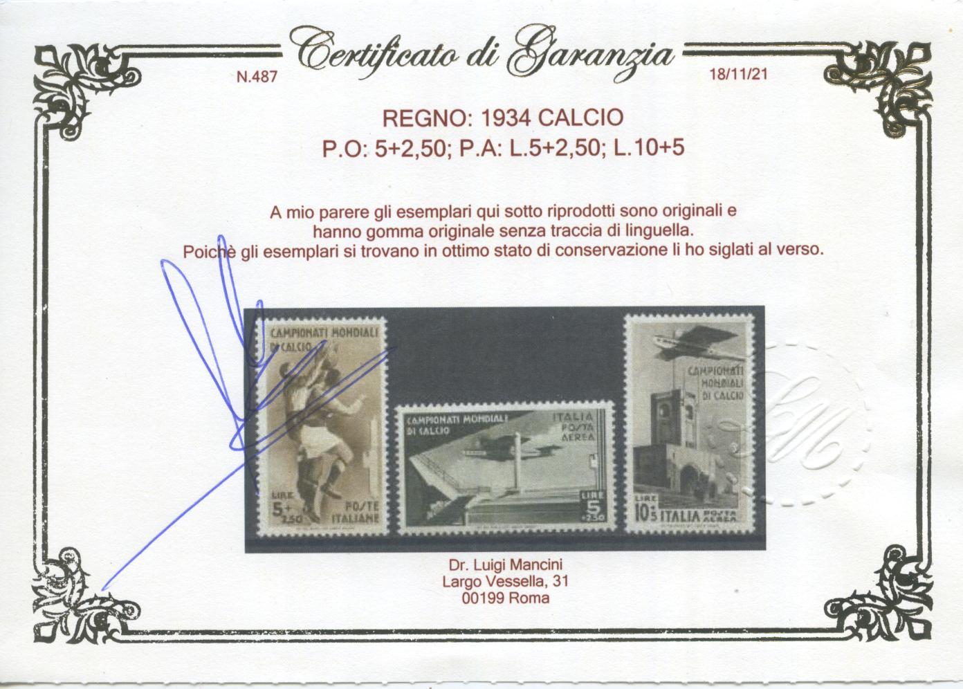 Scansione lotto: REGNO 1934 CALCIO 9V. 4 ** LUSSO CERT.