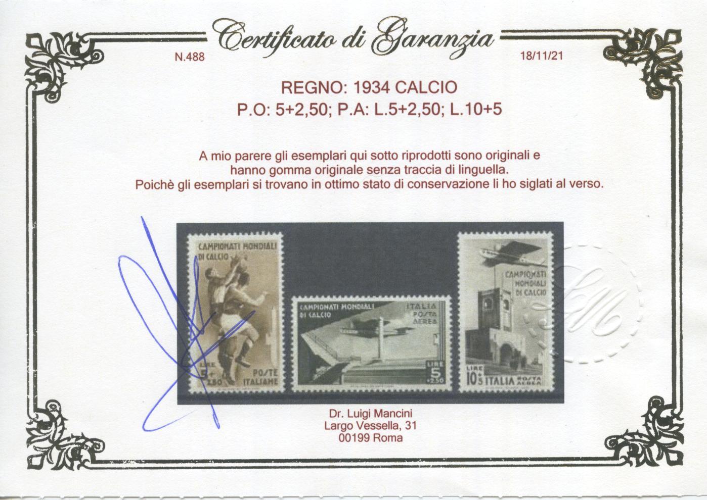 Scansione lotto: REGNO 1934 CALCIO 9V. 5 ** LUSSO CERT.