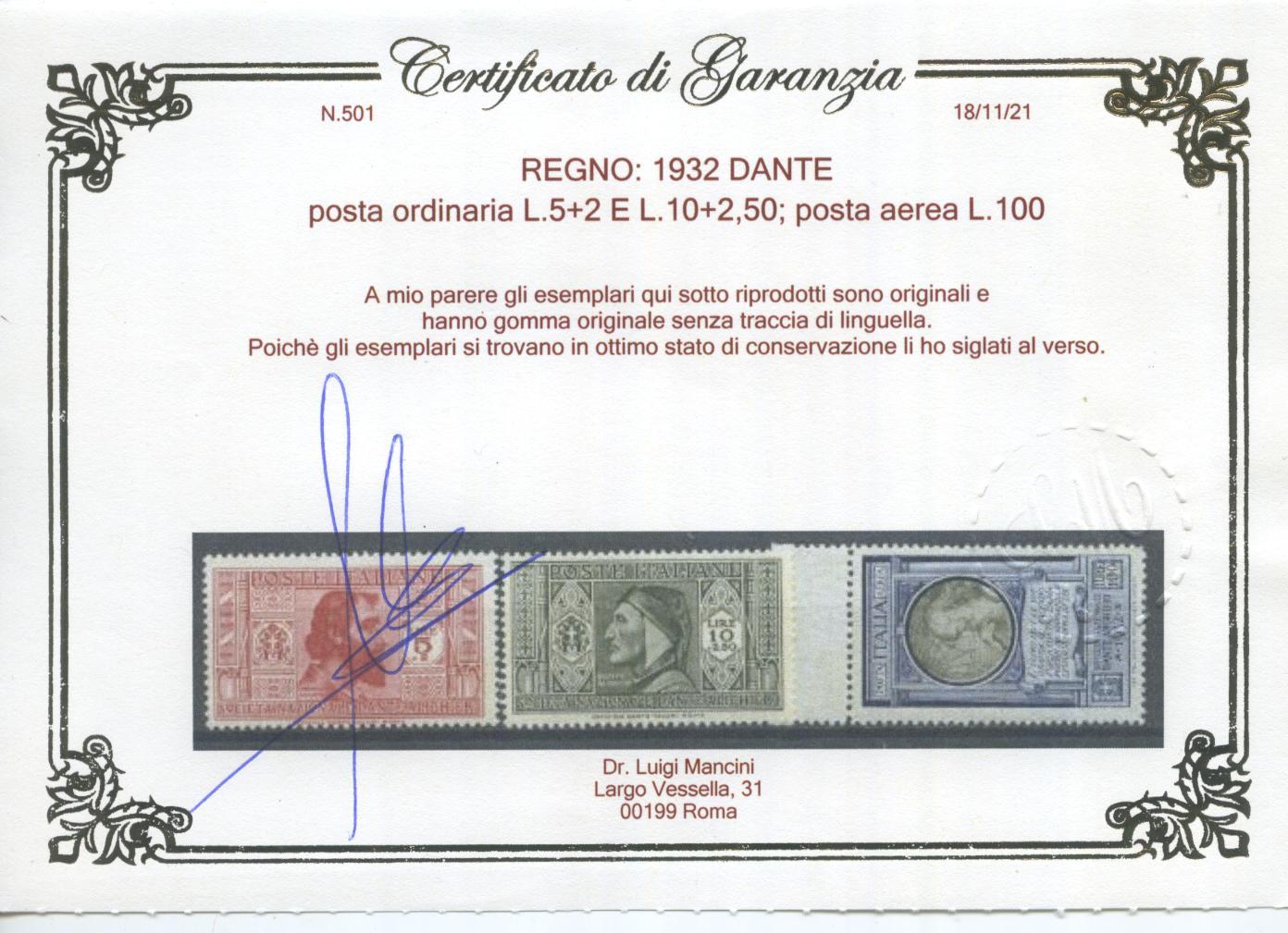 Scansione lotto: REGNO 1932 DANTE 19V. 4 ** LUSSO CERT.