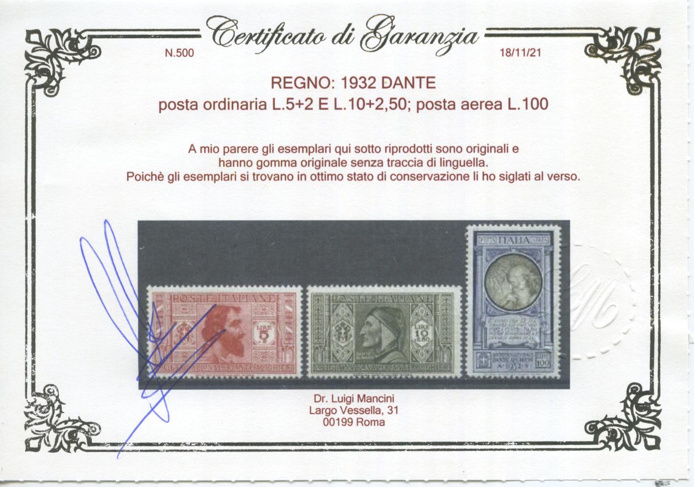 Scansione lotto: REGNO 1932 DANTE 19V. ** CENTRATO CERT.