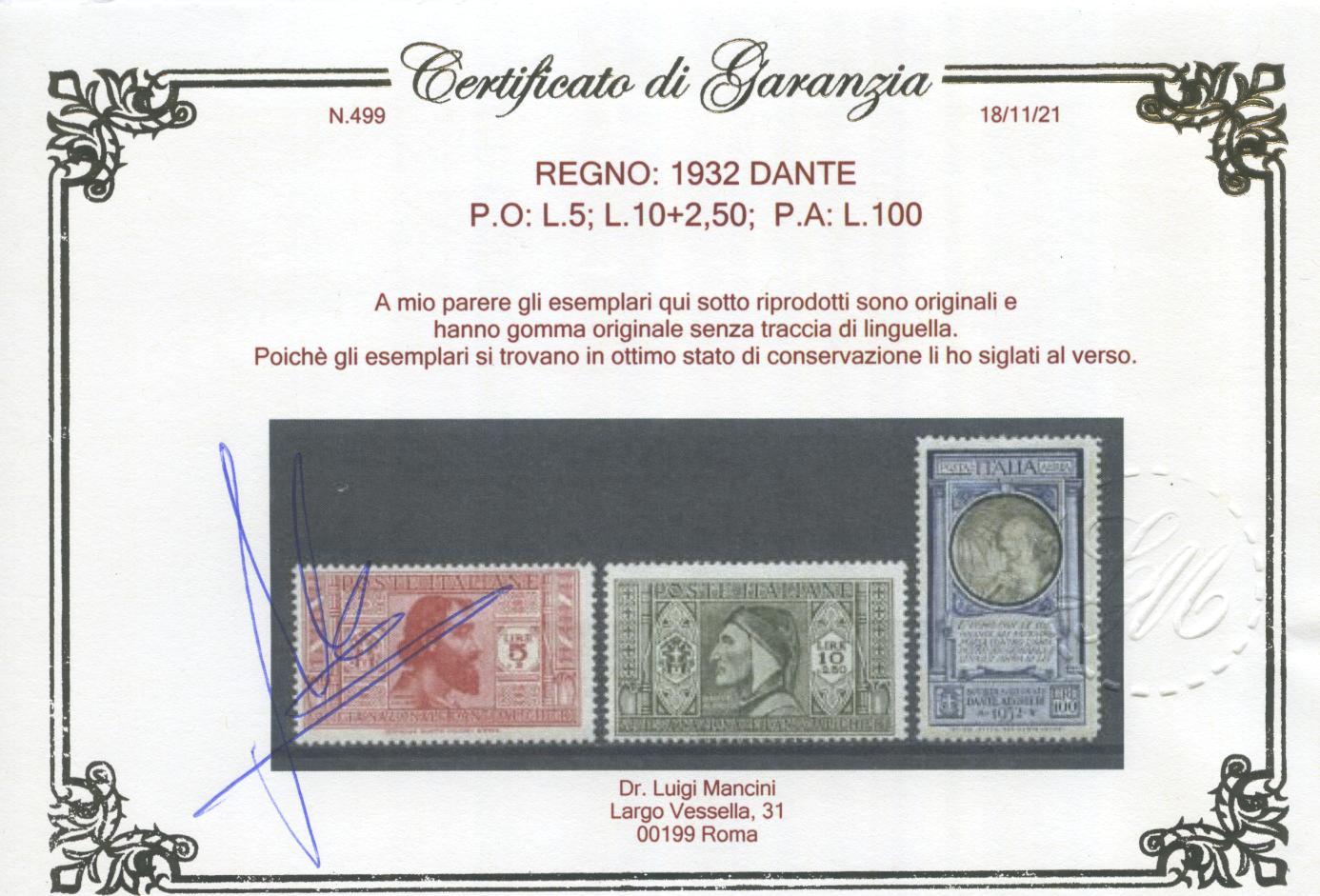 Scansione lotto: REGNO 1932 DANTE 19V. 2 **  CERT.