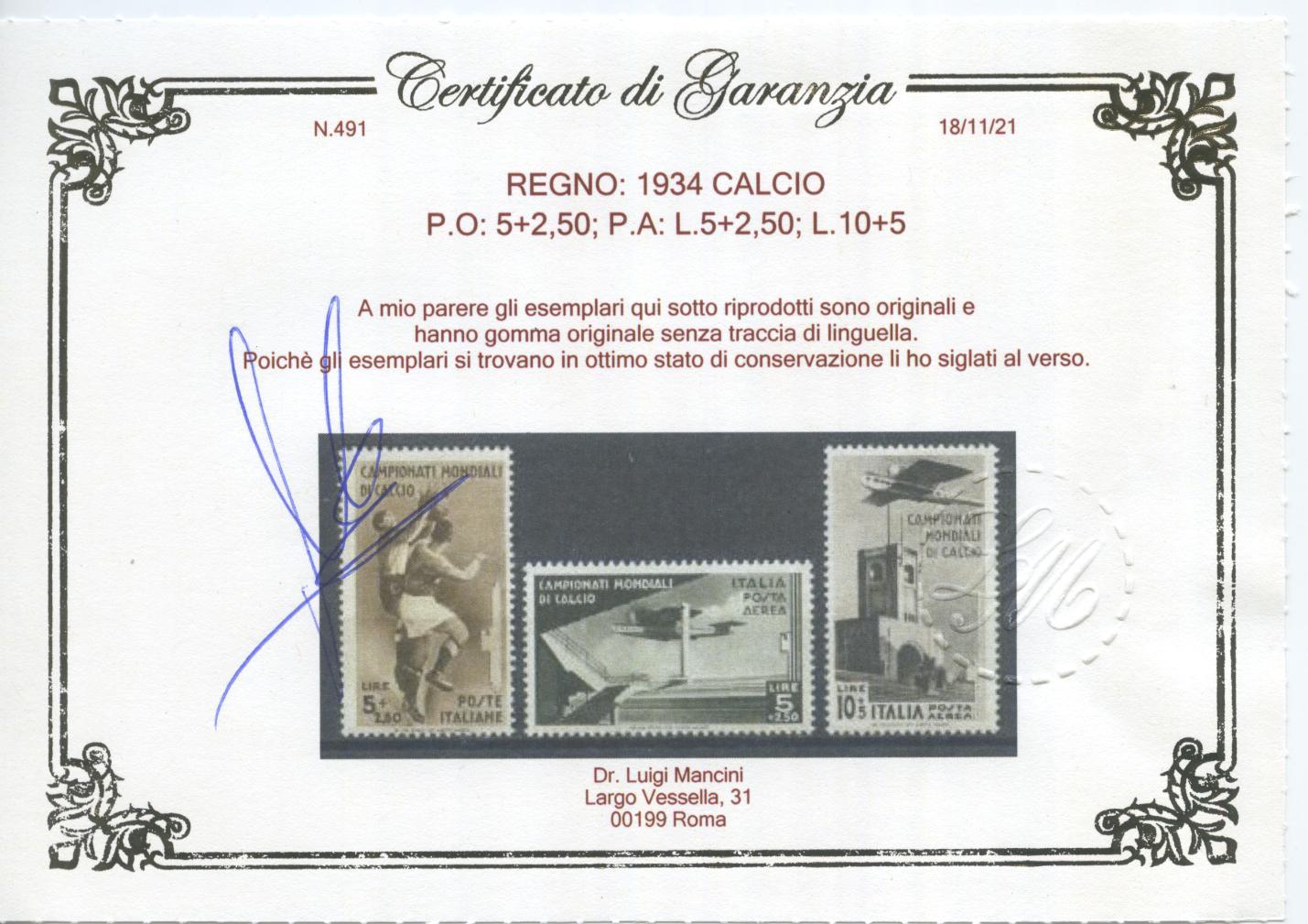 Scansione lotto: REGNO 1934 CALCIO 9V. **  CERT.