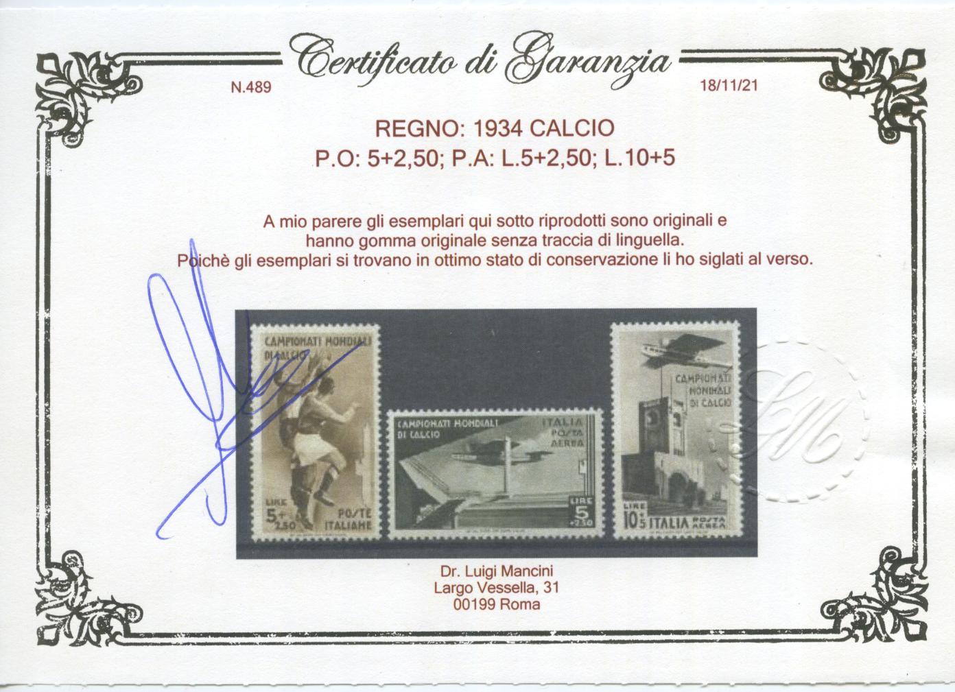 Scansione lotto: REGNO 1934 CALCIO 9V. 2 ** CENTRATO CERT.