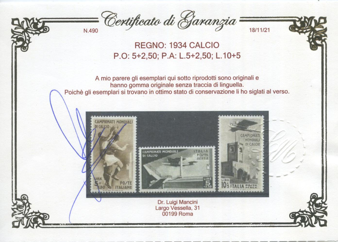 Scansione lotto: REGNO 1934 CALCIO 9V. 3 ** CENTRATO CERT.