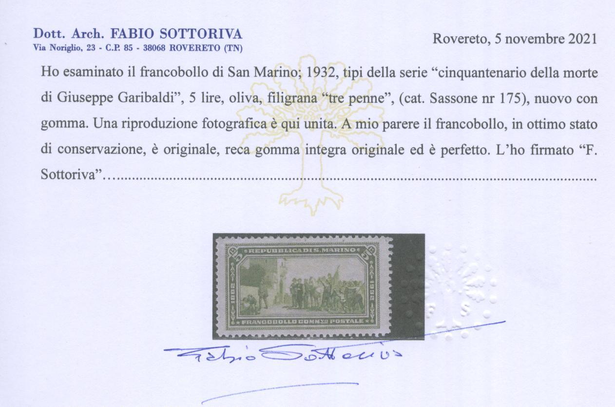 Scansione lotto: SAN MARINO 1932 GARIBALDI 8V. 2 ** CENTRATO CERT.