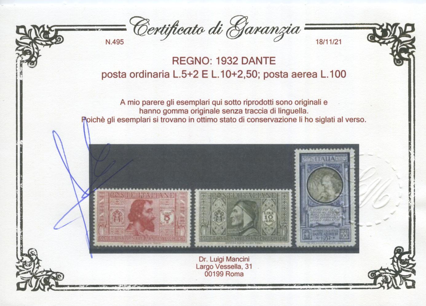 Scansione lotto: REGNO 1932 DANTE 19V. 3 ** CENTRATO CERT.