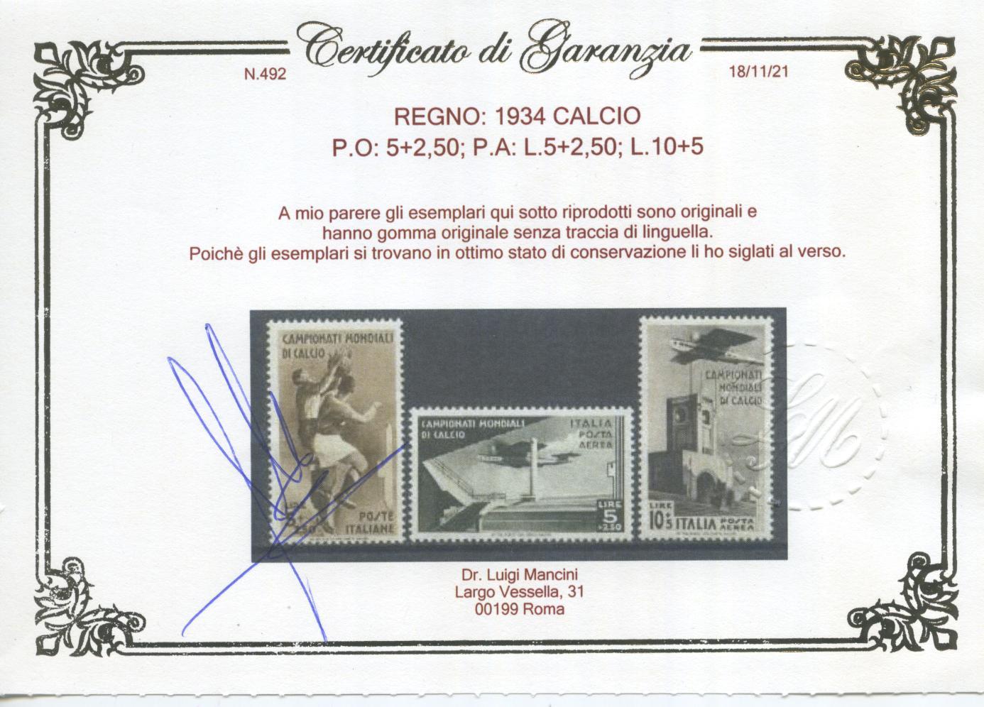 Scansione lotto: REGNO 1934 CALCIO 9V. 2 ** LUSSO CERT.