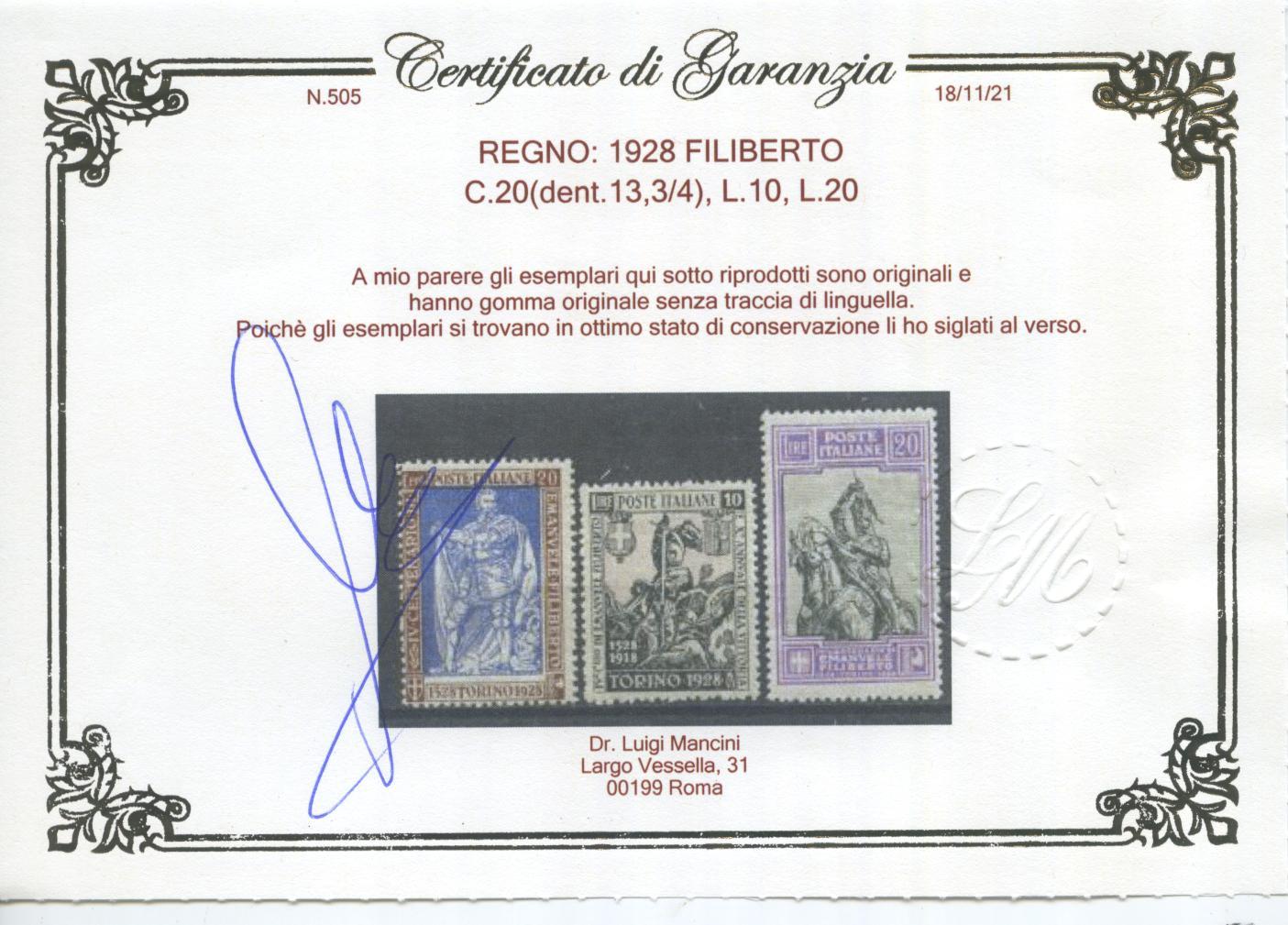 Scansione lotto: REGNO 1928 FILIBERTO 13V. 2 ** CENTRATO CERT.