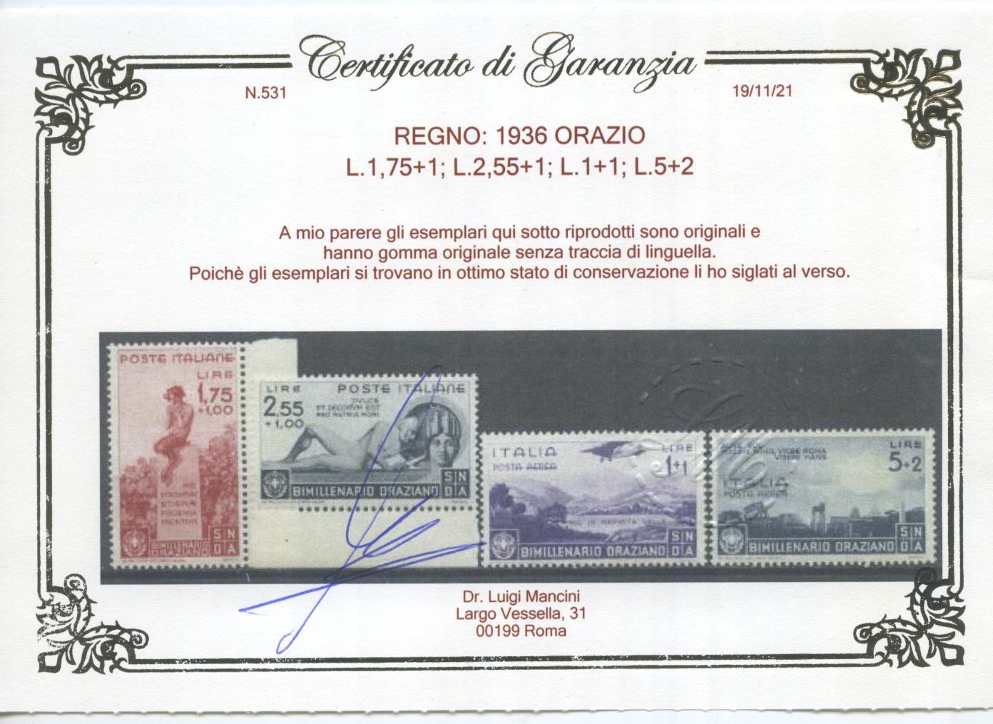 Scansione lotto: REGNO 1936 ORAZIO 13V. ** LUSSO CERT.