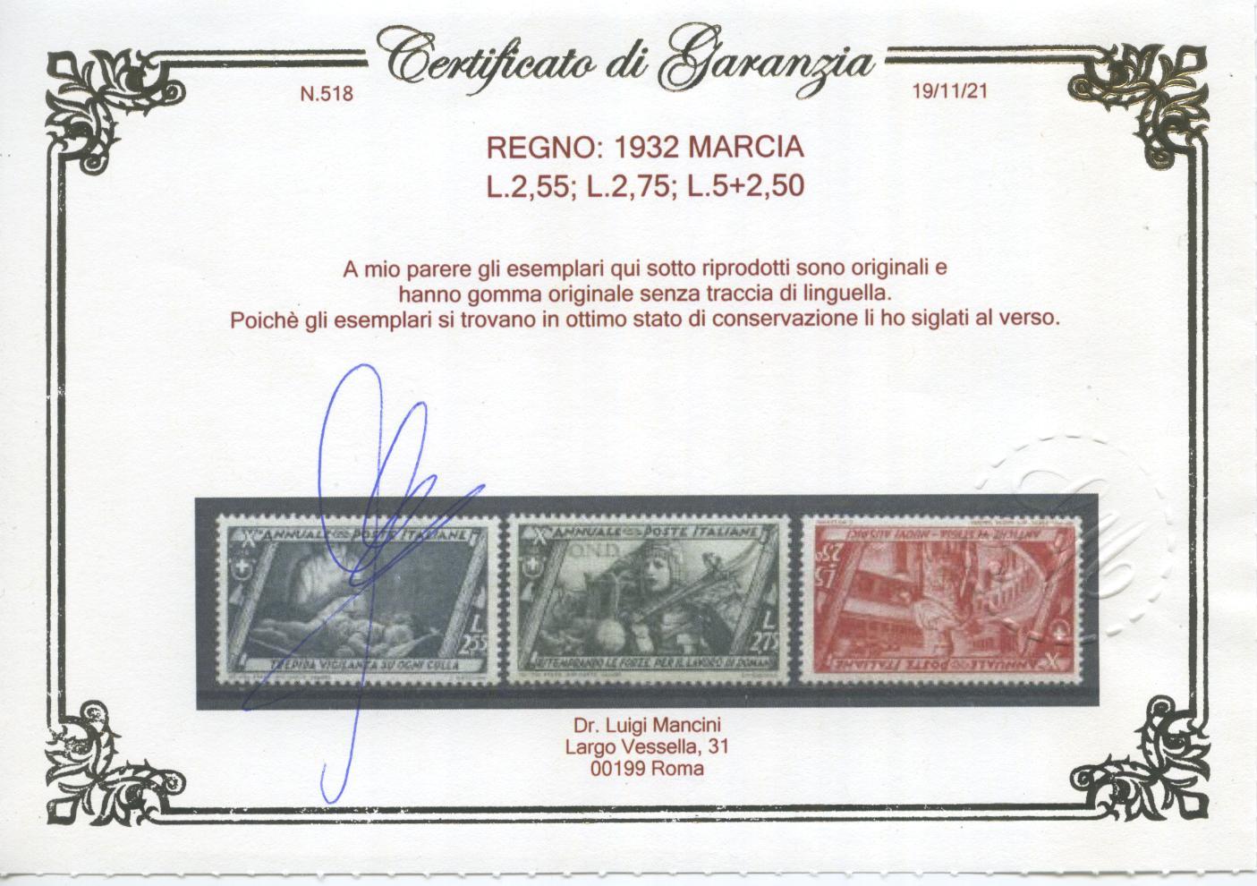 Scansione lotto: REGNO 1932 MARCIA 20V. 6 ** LUSSO CERT.