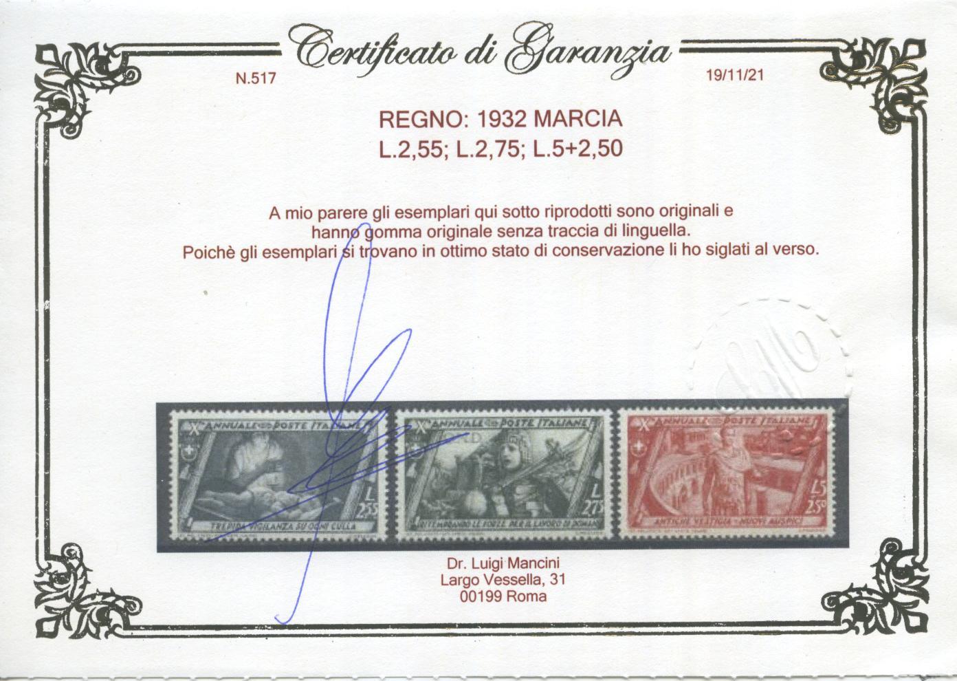 Scansione lotto: REGNO 1932 MARCIA 20V. 7 ** LUSSO CERT.