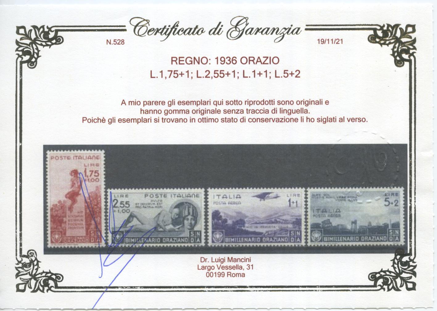 Scansione lotto: REGNO 1936 ORAZIO 13V. 3 ** LUSSO CERT.