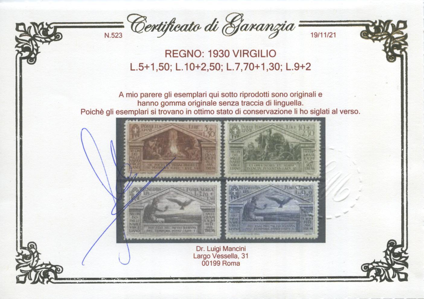 Scansione lotto: REGNO 1930 VIRGILIO 13V. 4 ** LUSSO CERT.