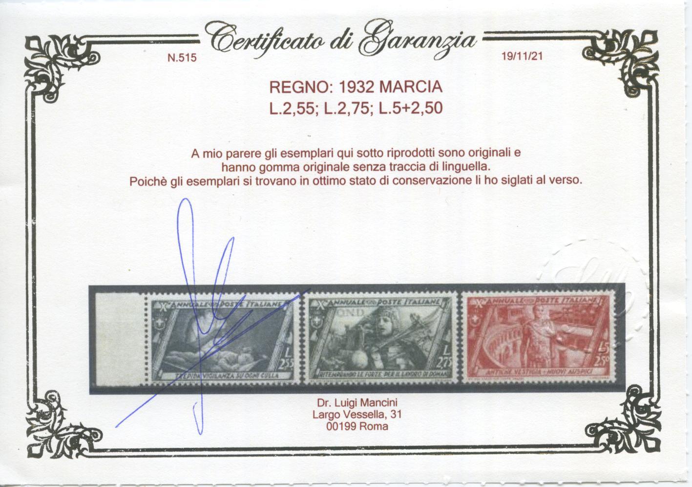 Scansione lotto: REGNO 1932 MARCIA 20V. 2 ** LUSSO CERT.