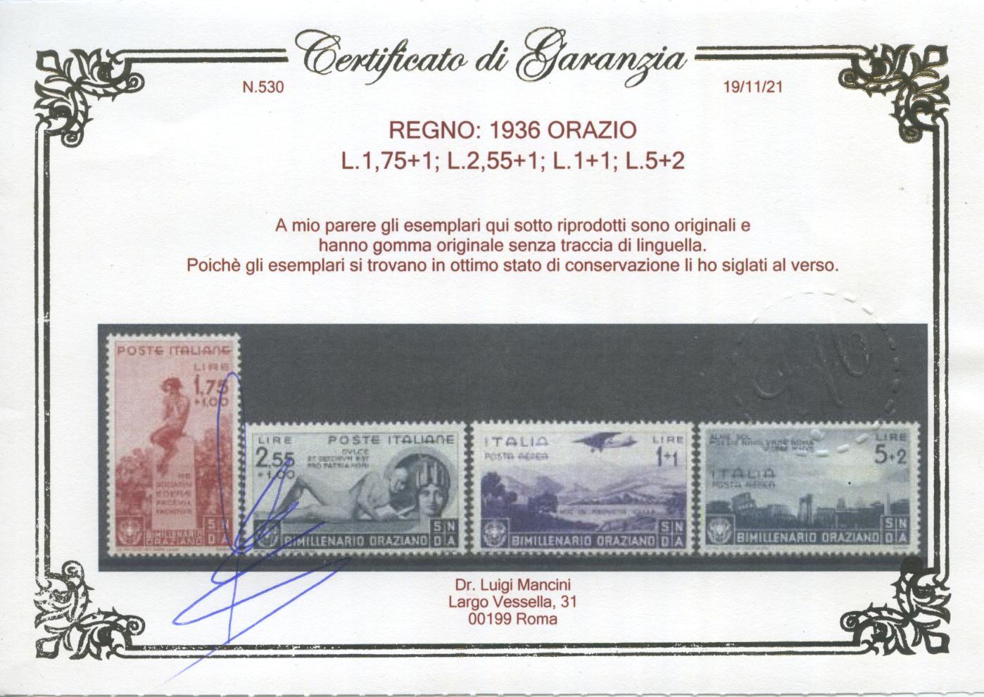 Scansione lotto: REGNO 1936 ORAZIO 13V. 4 ** LUSSO CERT.