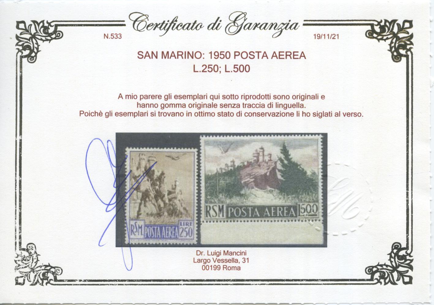 Scansione lotto: SAN MARINO 1950 POSTA AEREA 9V. 6 ** LUSSO CERT.