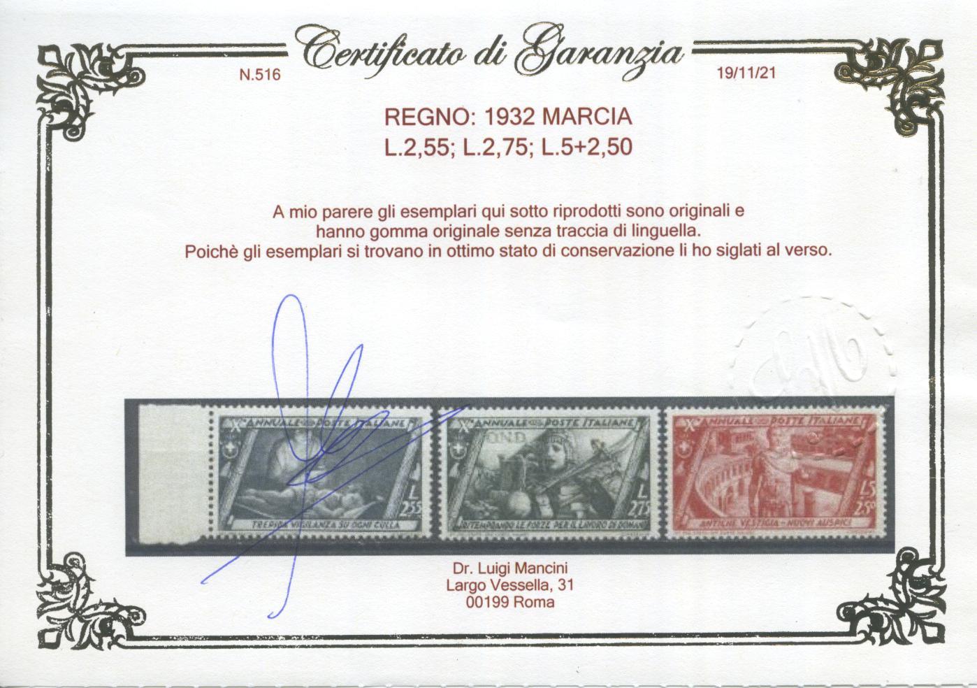 Scansione lotto: REGNO 1932 MARCIA 20V. 4 ** LUSSO CERT.