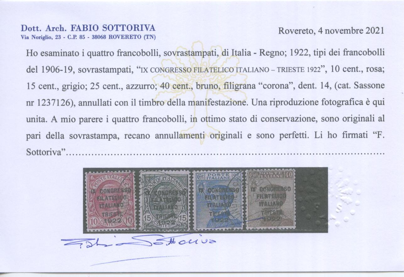 Scansione lotto: REGNO 1922 CONGRESSO FILAT. 4V. 2 US. CENTRATO CERT.