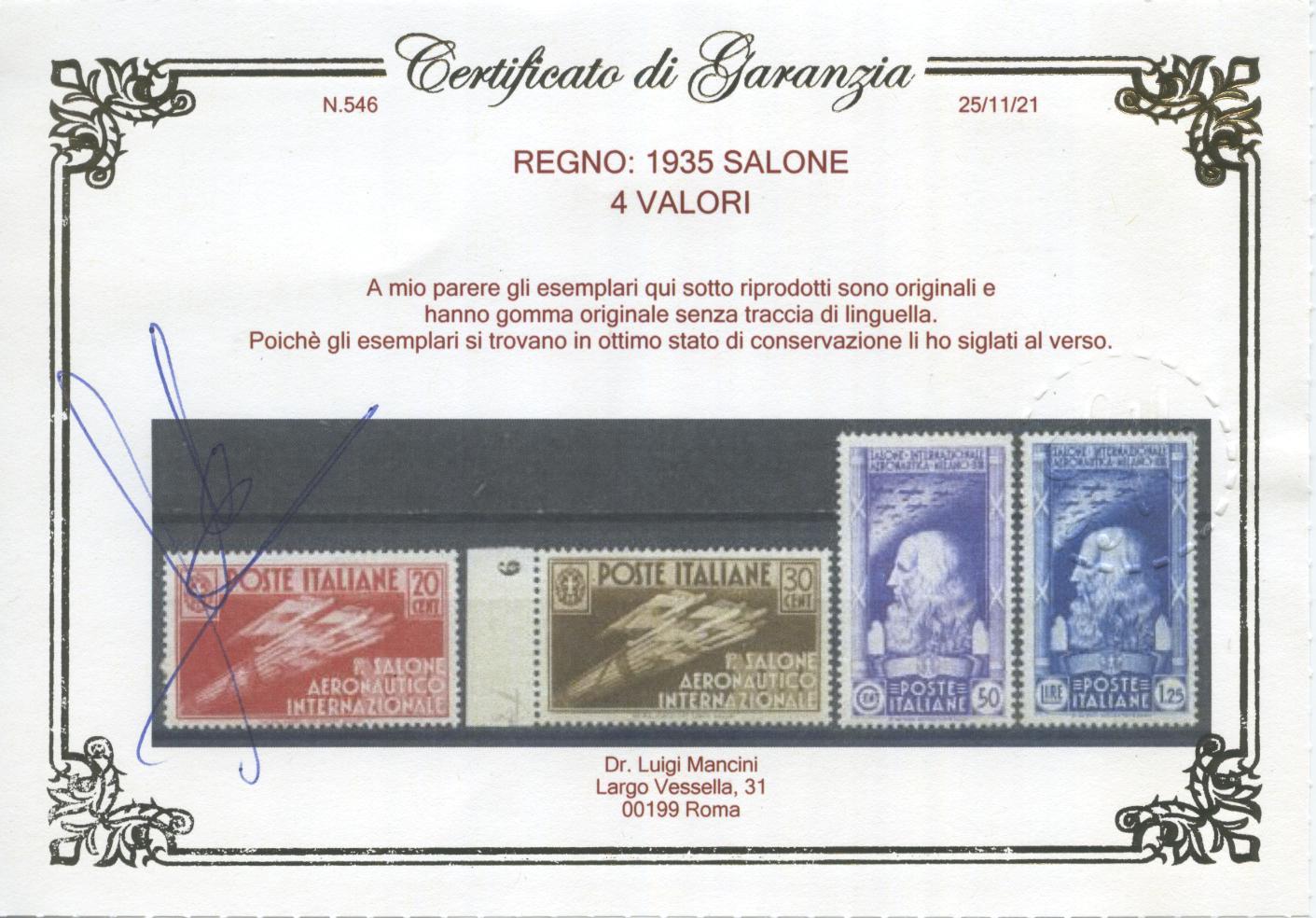 Scansione lotto: REGNO 1935 SALONE 4V. ** LUSSO CERT.