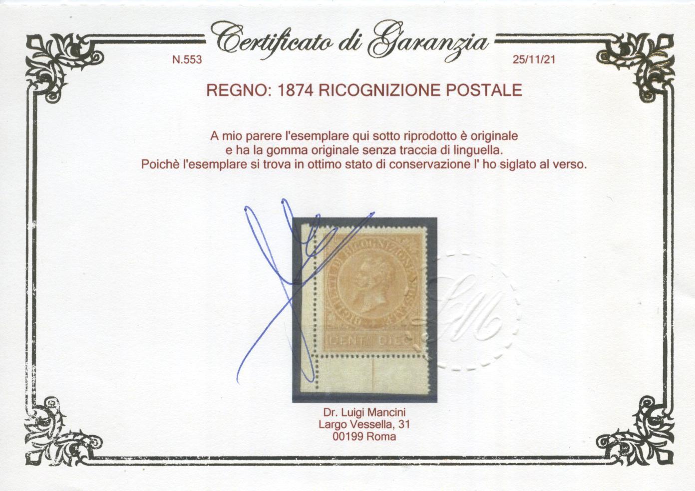 Scansione lotto: REGNO 1874 RICOGNIZIONE POSTALE 4 ** LUSSO CERT.