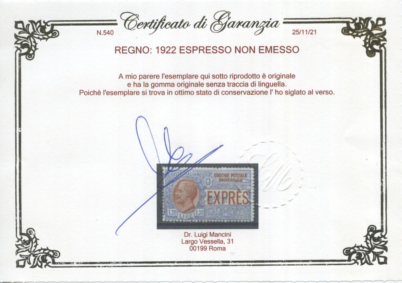 Scansione lotto: REGNO 1922 ESPRESSO NON EMESSO 5 ** LUSSO CERT.