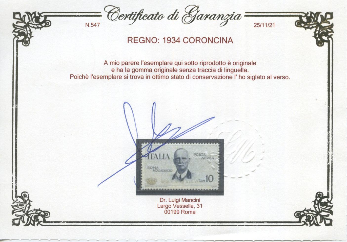 Scansione lotto: REGNO 1934 CORONCINA **  CERT.