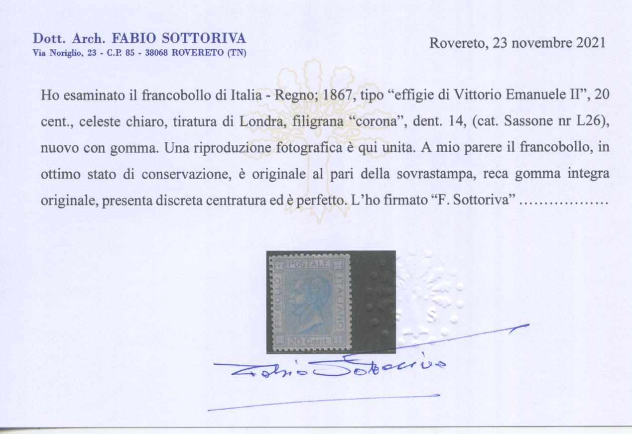 Scansione lotto: REGNO 1867 20C. LONDRA 3 **  CERT.