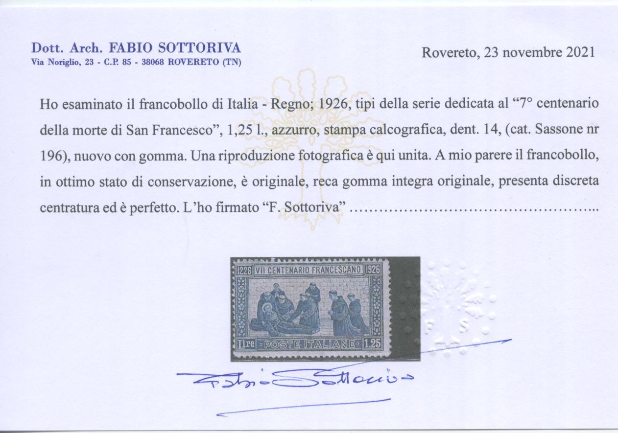 Scansione lotto: REGNO 1926 S. FRANCESCO RARO 7 **  CERT.