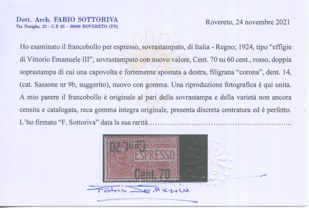 Scansione lotto: REGNO 1924 ESPRESSO N.9 VARIETA' **  CERT.