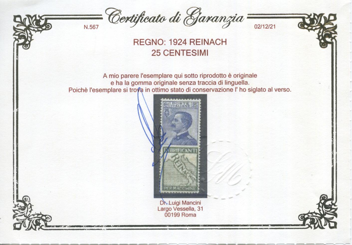 Scansione lotto: REGNO 1924 25C. REINACH ** LUSSO CERT.