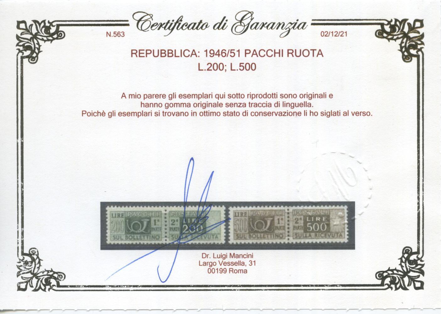 Scansione lotto: REPUBBLICA 1946/51 PACCHI RUOTA 14V. 8 ** LUSSO CERT.