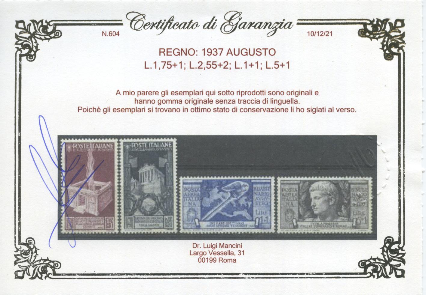 Scansione lotto: REGNO 1937 AUGUSTO 15V. ** LUSSO CERT.