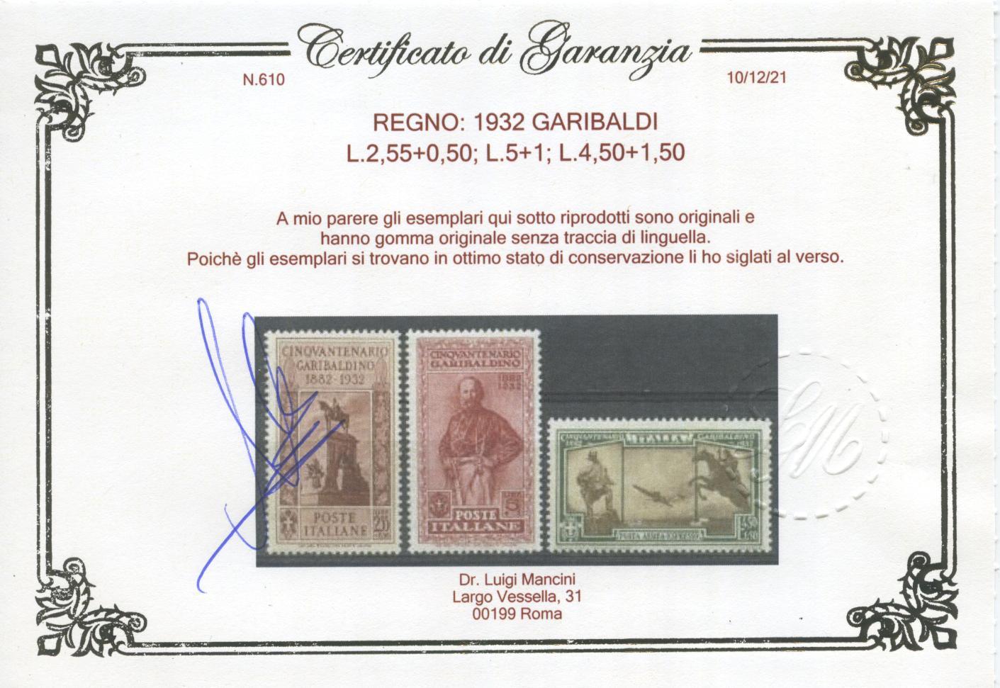 Scansione lotto: REGNO 1932 GARIBALDI 17V. 7 ** CENTRATO CERT.