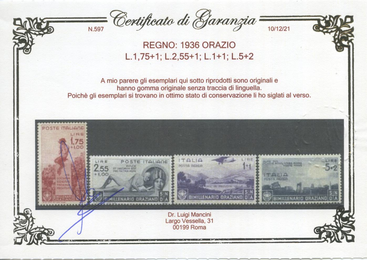 Scansione lotto: REGNO 1936 ORAZIO 13V. 7 ** LUSSO CERT.