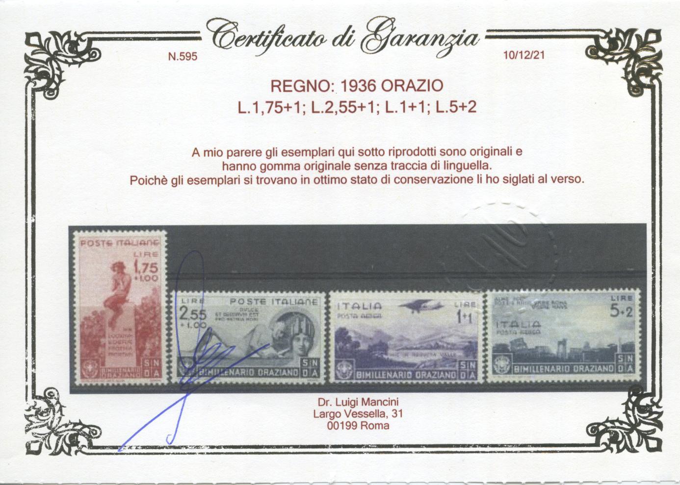 Scansione lotto: REGNO 1936 ORAZIO 13V. 2 ** CENTRATO CERT.