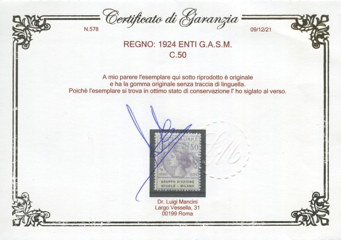 Scansione lotto: REGNO 1924 ENTI G.A.S.M. 4V. 7 **  CERT.