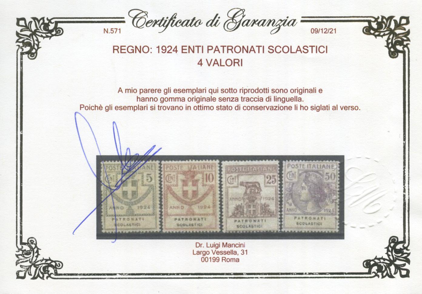 Scansione lotto: REGNO 1924 ENTI PATRONATI SC. 4V. 2 ** CENTRATO CERT.