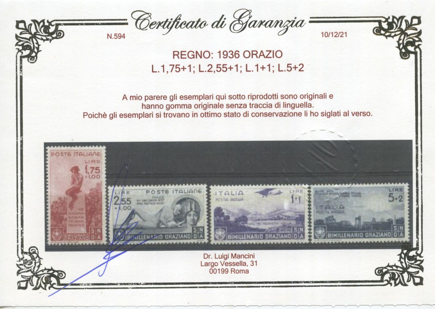 Scansione lotto: REGNO 1936 ORAZIO 13V. 5 ** LUSSO CERT.