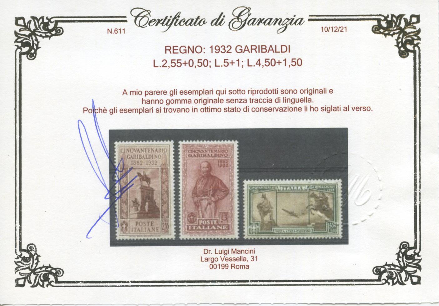 Scansione lotto: REGNO 1932 GARIBALDI 17V. 6 ** LUSSO CERT.