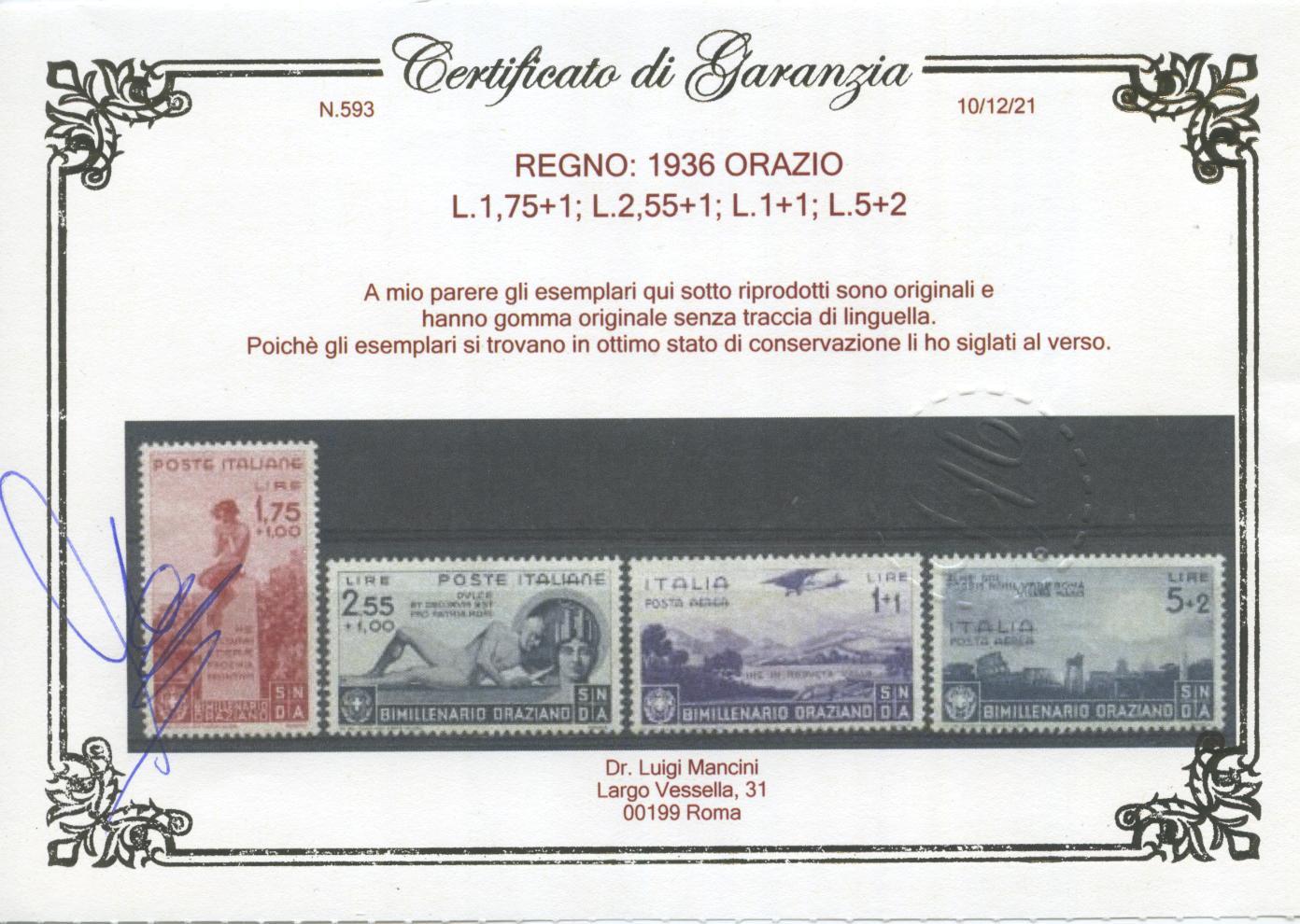 Scansione lotto: REGNO 1936 ORAZIO 13V. 8 ** LUSSO CERT.